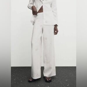 NWT Massimo Dutti Coastal Summer White Linen Relaxed Trousers Cream Wide Leg